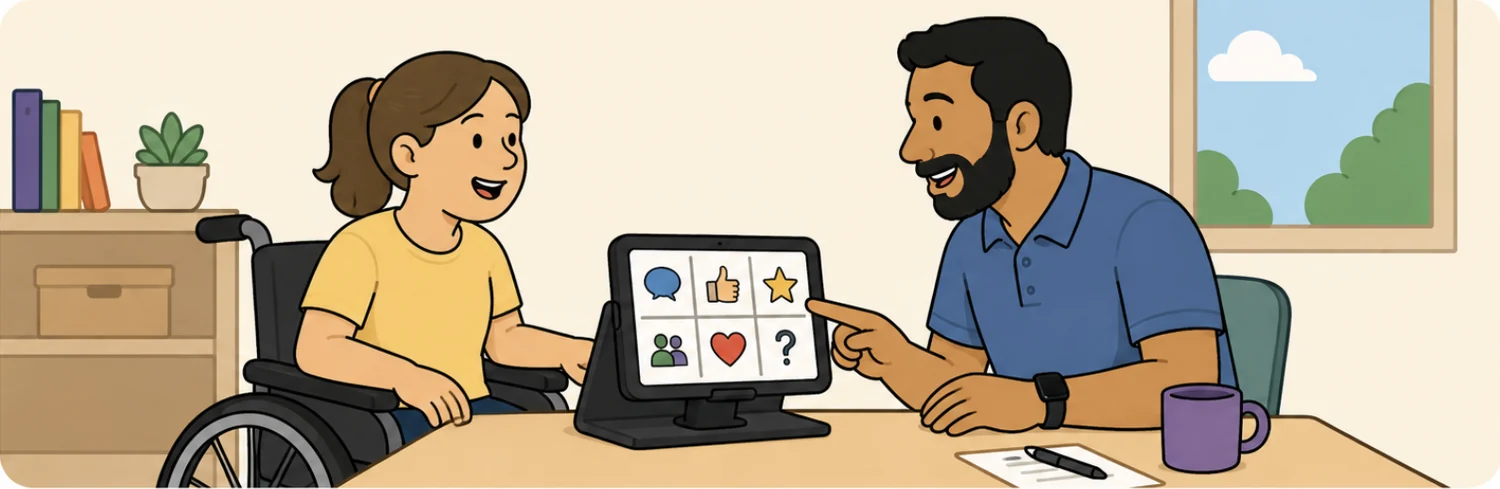 A girl in a wheelchair and a support worker at a table, talking using a communication tablet with picture symbols.