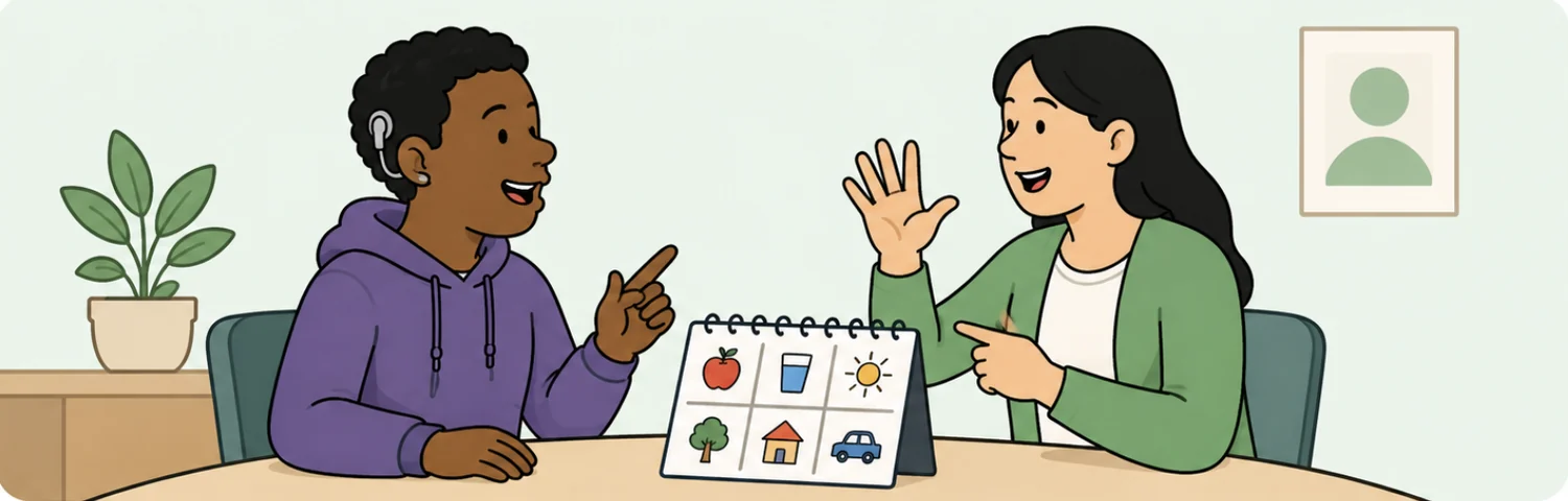 A man wearing a hearing aid and a worker in conversation, using a picture communication board on the table between them.