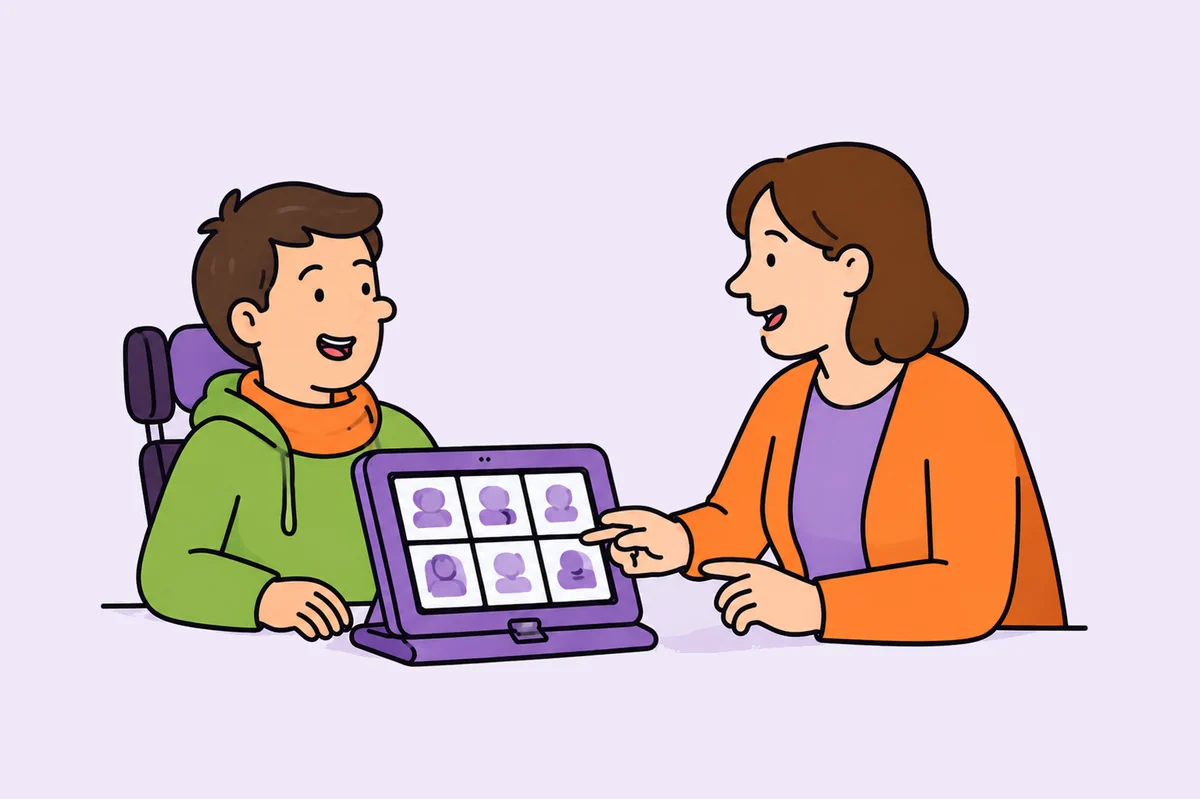 A young man in a wheelchair choosing his support worker from photos on a communication tablet, while a worker sits with him.