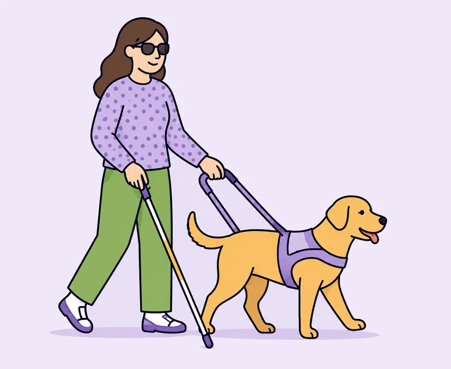 A woman walking on her own with a white cane and a guide dog in harness.