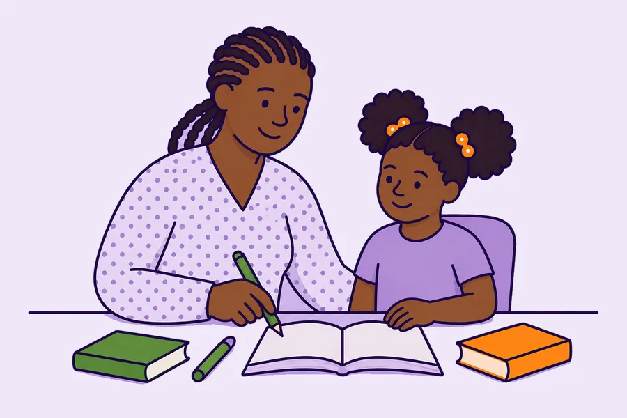 A support worker and a young girl at a desk with books open, working through school work together.