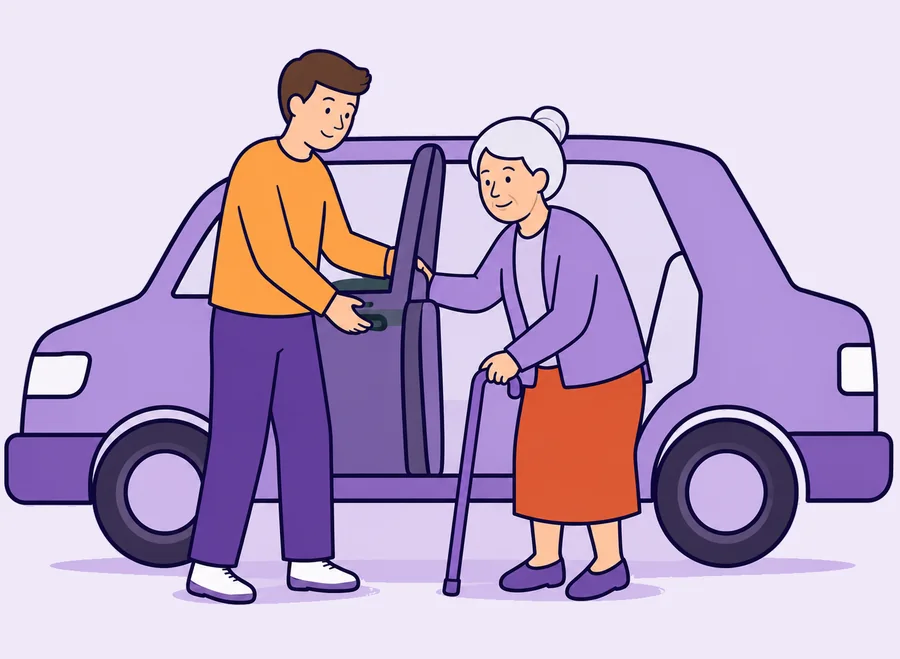 A worker holding a car door open for an older woman with a walking stick.